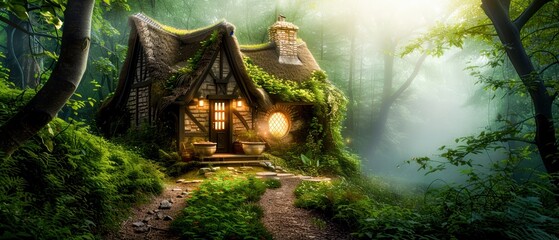 Fototapeta premium A charming forest cottage surrounded by lush greenery and soft sunlight, evoking a fairy tale atmosphere in nature.