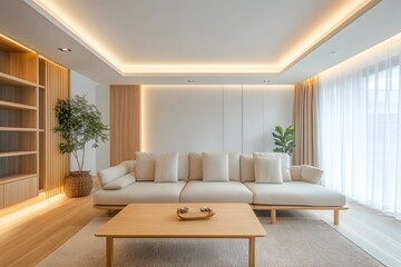 Fototapeta premium Minimalist, japandi interior design of modern living room.