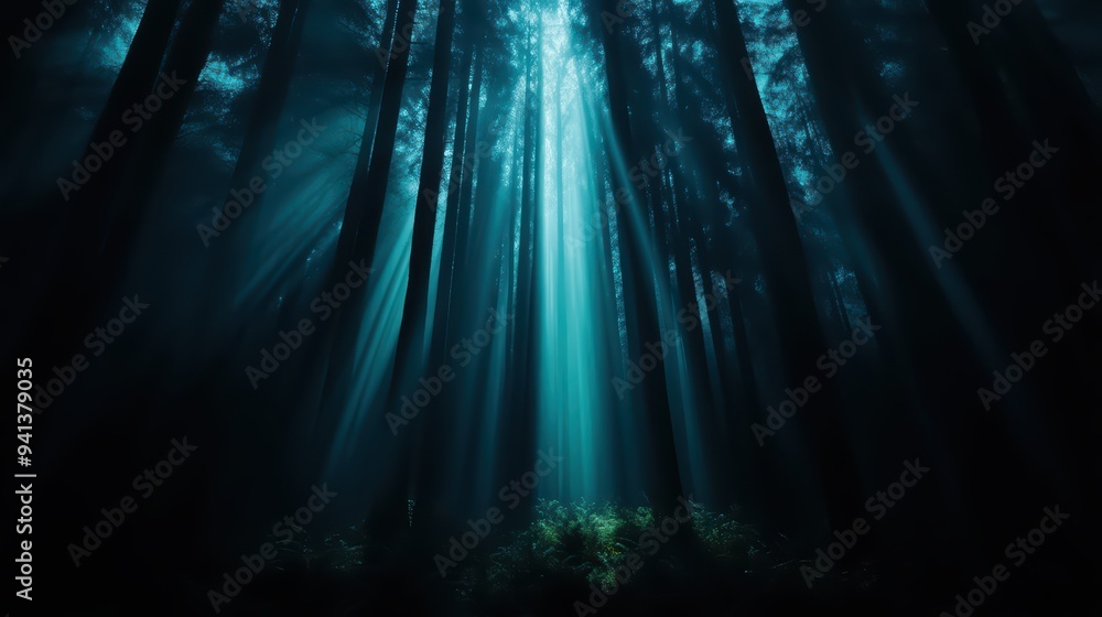 Poster mysterious forest with ethereal light beams filtering through tall trees, creating a serene and ench