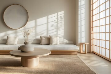 Minimalist, japandi interior design of modern living room.