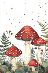 Watercolor Painting of Red and White Mushrooms in a Forest Setting