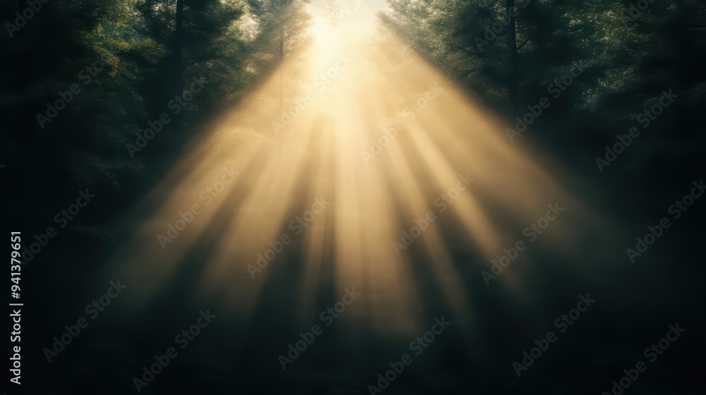 Poster serene forest scene with radiant sunlight filtering through trees, creating a tranquil and enchantin