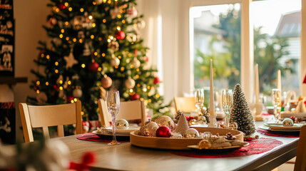 Cozy Christmas Dining Room with Festive Table Decor and Tree in Background