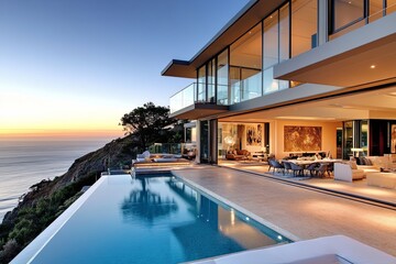 Modern house with infinity pool overlooking the ocean at sunset.