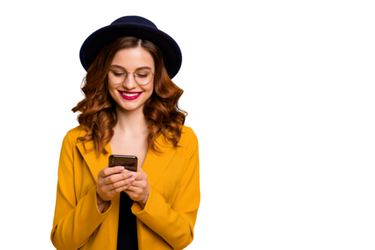 Close up photo beautiful she her toothy lady arms hands telephone check instagram followers perfect red lips pomade wear specs formal-wear costume suit isolated yellow vivid vibrant background