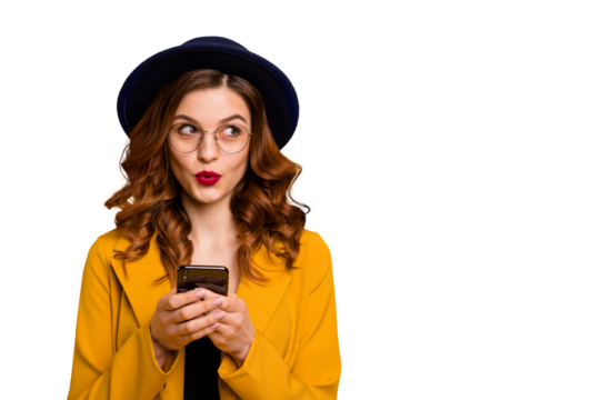 Close up photo beautiful she her lady watch sly tricky side empty space arms hands telephone reader cool news modern look wear specs formal-wear costume suit isolated yellow vibrant background