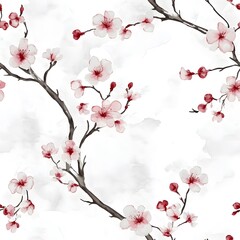Fototapeta premium A seamless white sakura pattern in watercolor, featuring minimal and vintage elements with delicate cherry blossoms, creating an elegant and timeless floral design.......