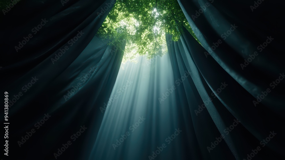 Poster sunlight filters through leaves, illuminating a serene forest scene, creating a tranquil atmosphere 