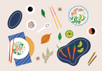 Vector illustration with pho bo soup plate and ingredients. Modern flat design