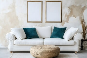 White sofa with teal pillows against beige stucco wall with two frames. Minimalist interior design of modern living room.