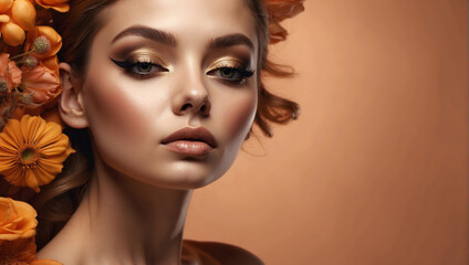 Fototapeta premium editorial model with natural make up style, flawless, modern makeup brand branding, in simple soft brown background