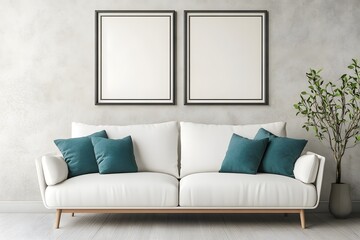 White sofa with teal pillows against beige stucco wall with two frames. Minimalist interior design of modern living room.