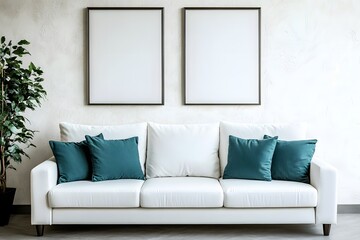 White sofa with teal pillows against beige stucco wall with two frames. Minimalist interior design of modern living room.