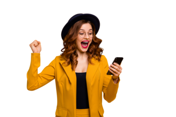 Close up photo beautiful yelling she her lady watch arms hands telephone reader cool news modern look sale discount lottery wear specs formal-wear costume suit isolated yellow vibrant background