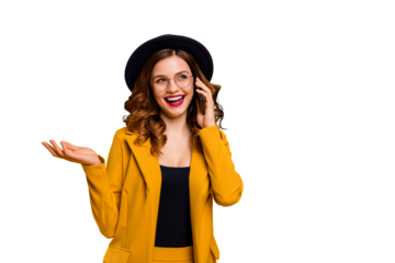 Close up photo beautiful she her lady arm hand telephone speak talk say tell friends relatives laughter crazy humor joke story wear specs formal-wear costume suit isolated yellow vibrant background