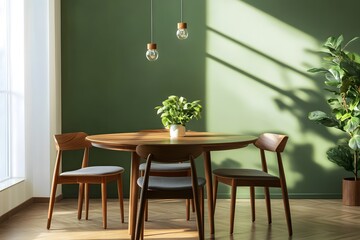 Wooden dining table and chairs against green wall. Scandinavian, mid-century home interior design of modern dining room.