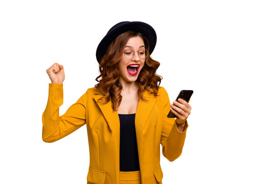 Close up photo beautiful yelling she her lady watch arms hands telephone reader cool news modern look sale discount lottery wear specs formal-wear costume suit isolated yellow vibrant background