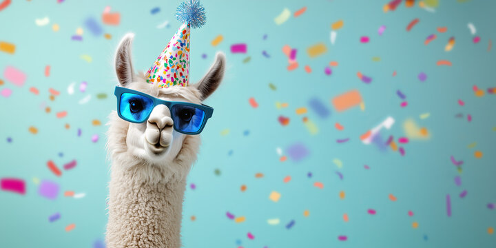 Funny pink llama alpaca in sunglasses and birthday cap with confetti flying all around on pastel blue background. Birthday card concept.
