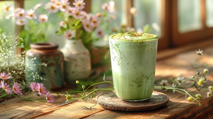 Fresh Matcha Latte with Flowers in Background - Generative AI