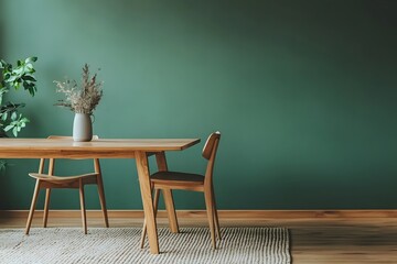 Wooden dining table and chairs against green wall. Scandinavian, mid-century home interior design of modern dining room.