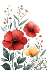Watercolor Red and Yellow Flowers with Greenery