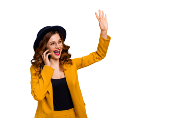Close up photo beautiful funky she her lady arm hand telephone chat arm raised up speak talk say tell hi friends relatives wear specs formal-wear costume suit isolated yellow vibrant background