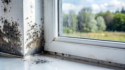 Black mold fungus growing on a windowsill due to dampness and condensation , black mold, fungus, windowsill, dampness