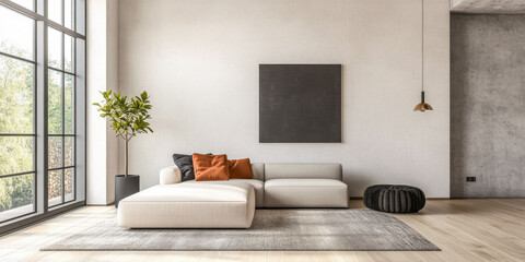 Luxury living room interior design composition with a sofa, natural lighting and copy space. Architectural design composition for showcasing purposes.