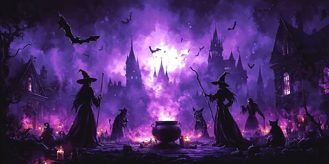 Halloween night background. The witch is brewing a potion in a cauldron on the background of a full moon over the castle