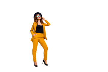 Full length body size photo beautiful amazing she her lady street perfect look tourism traveler not smiling hands arms pockets wear specs formal-wear costume suit isolated yellow bright background