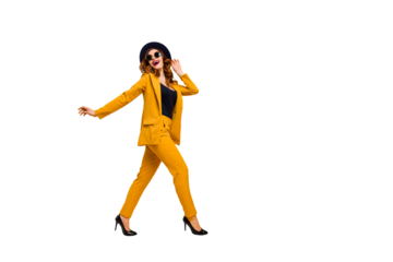 Full length side profile body size photo beautiful amazing funky she her lady walking down street perfect look tourism traveler wear specs formal-wear costume suit isolated yellow bright background