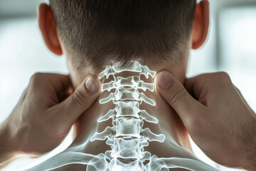 Man with severe cervical spine neck pain holding and massages, x-ray visualization. Rehabilitation concept background.