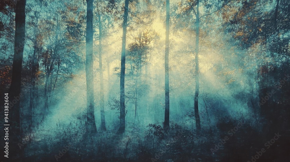 Poster a serene forest scene with ethereal light beams piercing through the mist, creating a magical and tr