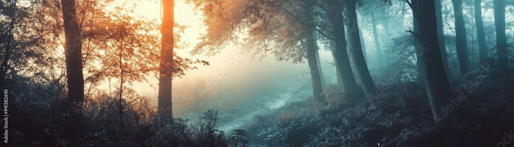 Poster mystical forest at dawn, illuminated by soft light filtering through trees, creating a serene and tr