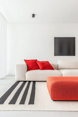 Luxury living room interior design composition with a sofa, natural lighting and copy space. Architectural design composition for showcasing purposes.