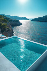 Fototapeta premium A private pool with an ocean view, isolated on a pastel mint background, symbolizing relaxation and luxury,