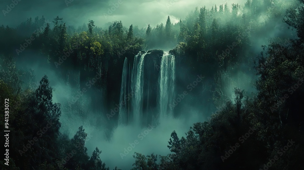 Poster a mystical waterfall cascading through a dense forest, surrounded by mist and foliage, creating an e