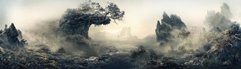 A surreal landscape featuring mysterious rock formations and ethereal fog under a dreamlike sky, evoking a sense of wonder.