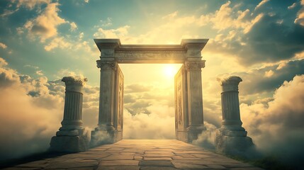 Fototapeta premium Ancient Stone Archway Leading to a Bright Light in a Cloudy Sky