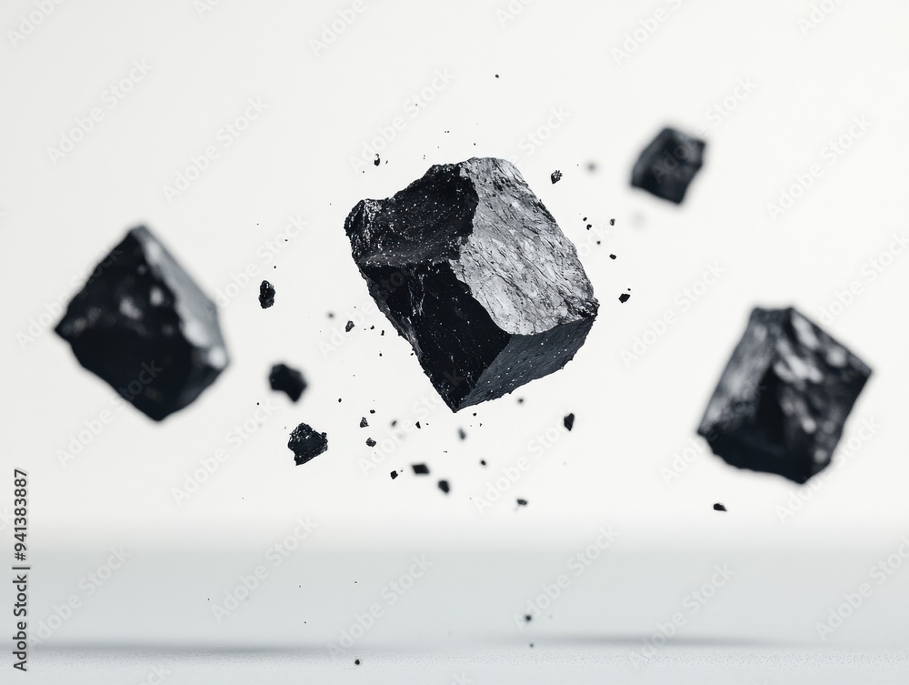 Poster a captivating display of floating black stones, showcasing texture and depth against a clean, minima