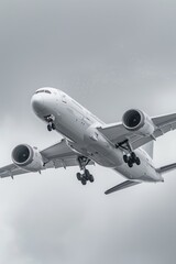 Fototapeta premium A large commercial airliner flying high in the clouds, ideal for aviation and travel-themed projects