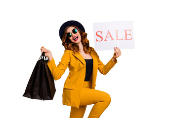 Close up side profile photo beautiful she her lady recommend black friday packs paper promo low prices buy buyer sale discount wear specs formal-wear costume suit isolated yellow bright background