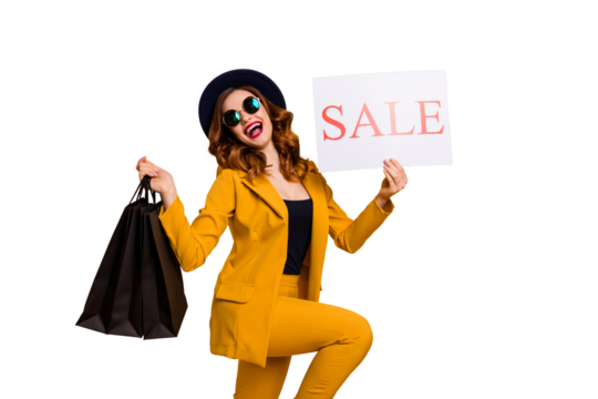 Close up side profile photo beautiful she her lady recommend black friday packs paper promo low prices buy buyer sale discount wear specs formal-wear costume suit isolated yellow bright background