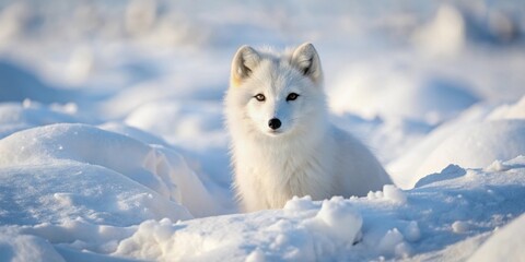 Obraz premium Arctic fox camouflaged in snowy winter landscape, arctic, fox, animal, wild, winter, landscape, snow, white, fluffy, cold, fur