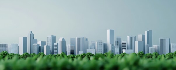 A modern city skyline emerging from vibrant green foliage, symbolizing the blend of urban life and nature's beauty.