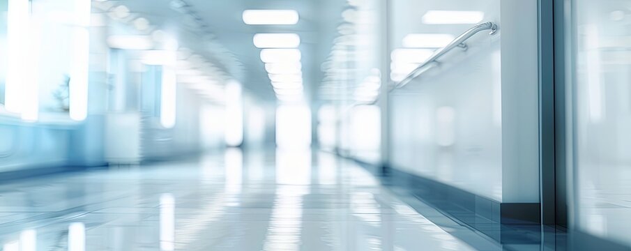 Abstract Blurred Background Of A Hallway With Shiny Floor And A Handrail.