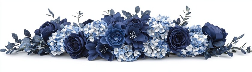 A beautiful arrangement of dark blue roses and hydrangeas with greenery, isolated on a white background.