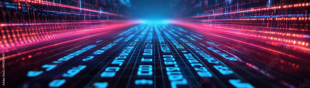 Poster dynamic digital landscape with vibrant lights and data streams representing technology and innovatio