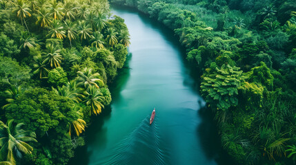Fototapeta premium Boat Navigating on a Winding River Through the Jungle