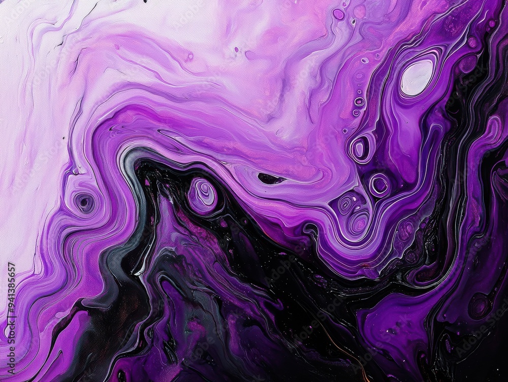 Poster abstract fluid art featuring vibrant purple and black swirls, creating a mesmerizing visual effect t